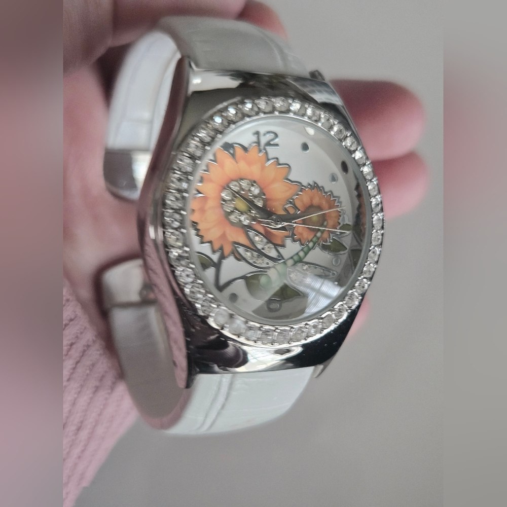 Avon Sunflower Dragonfly Silver Tone Rhinestone Watch NWOT Floral Bracelet Watch - Picture 9 of 13